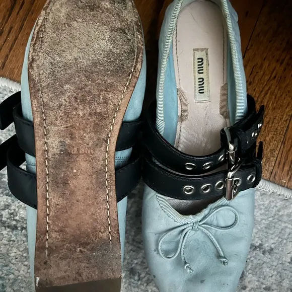Miu Miu Women's Blue Ballet Flats with Black Straps