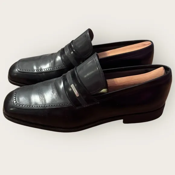 Moreschi Men’s Black Grey Flat Loafers Square Toe Resoled Timpson Dress Shoe Sz9