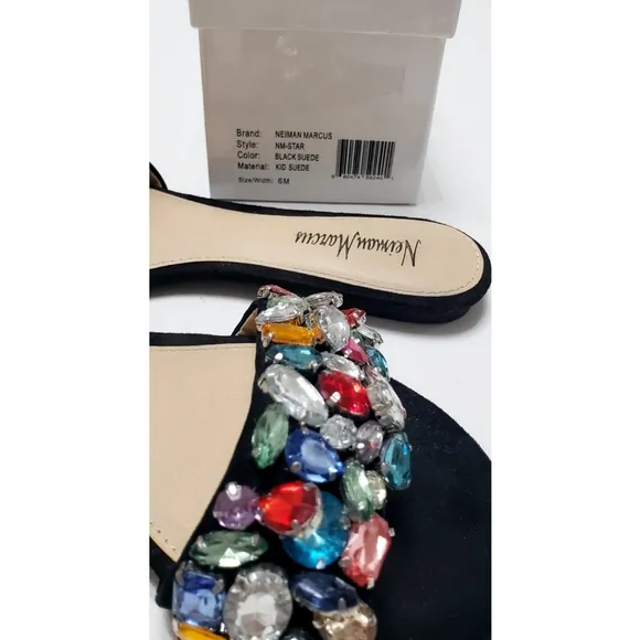 Neiman Marcus Star Crystal Embellished Suede Flat Sandals Black Women's Size 6