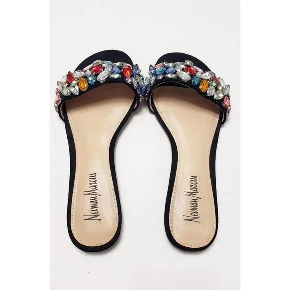 Neiman Marcus Star Crystal Embellished Suede Flat Sandals Black Women's Size 6