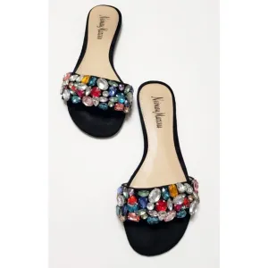 Neiman Marcus Star Crystal Embellished Suede Flat Sandals Black Women's Size 6