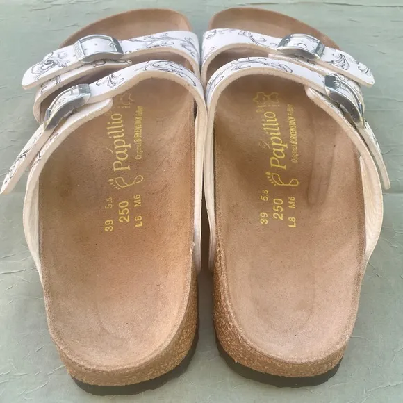 NEW Birkenstock Papillio Arizona White / Black Floral Leather Slide Flat Sandals