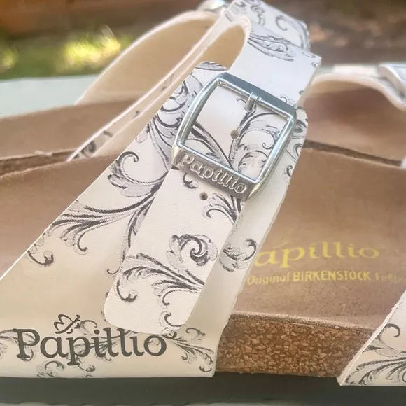 NEW Birkenstock Papillio Arizona White / Black Floral Leather Slide Flat Sandals