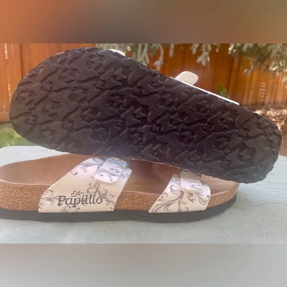NEW Birkenstock Papillio Arizona White / Black Floral Leather Slide Flat Sandals