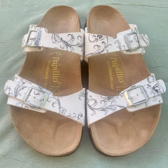 NEW Birkenstock Papillio Arizona White / Black Floral Leather Slide Flat Sandals