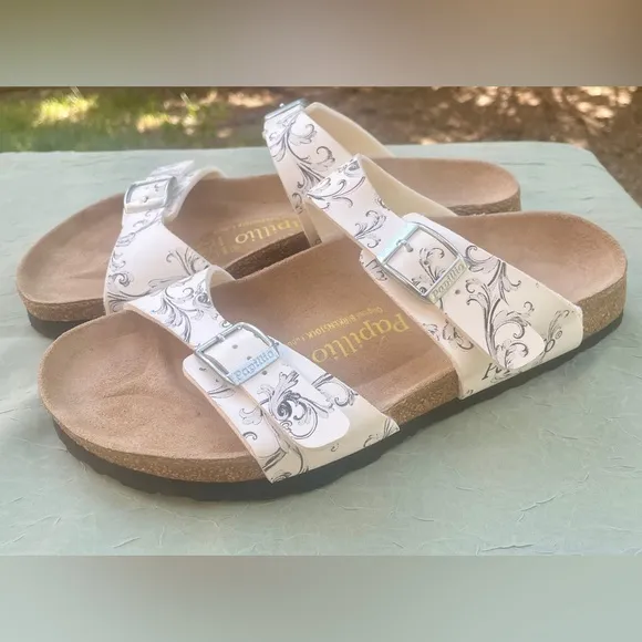 NEW Birkenstock Papillio Arizona White / Black Floral Leather Slide Flat Sandals
