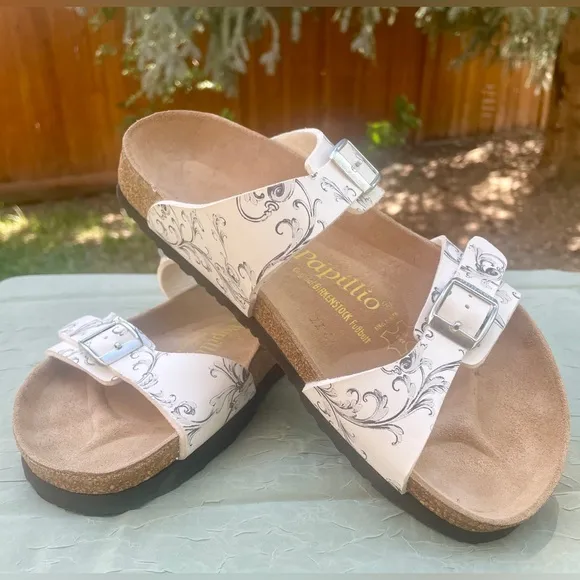 NEW Birkenstock Papillio Arizona White / Black Floral Leather Slide Flat Sandals