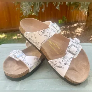 NEW Birkenstock Papillio Arizona White / Black Floral Leather Slide Flat Sandals