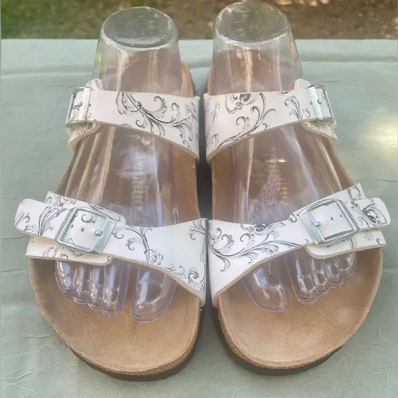 NEW Birkenstock Papillio Arizona White / Black Floral Leather Slide Flat Sandals