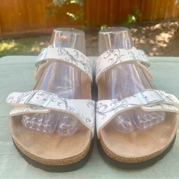 NEW Birkenstock Papillio Arizona White / Black Floral Leather Slide Flat Sandals