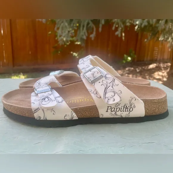 NEW Birkenstock Papillio Arizona White / Black Floral Leather Slide Flat Sandals