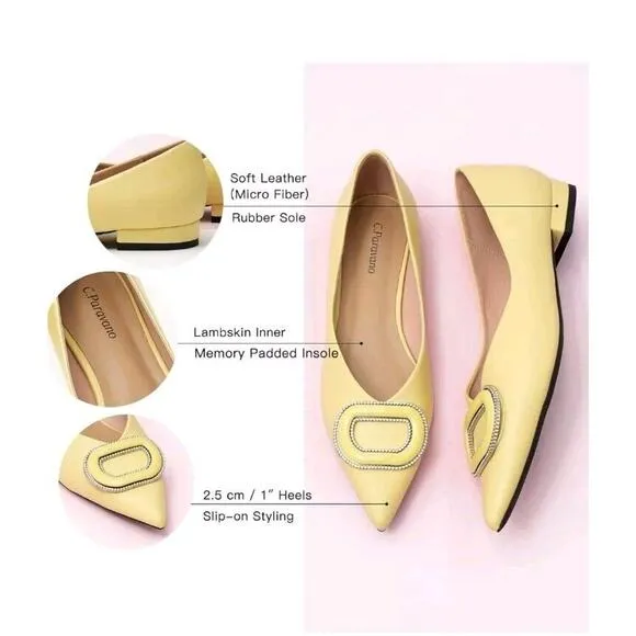 New! C.Paravano Leather Pointed Toe Flats Crystal Buckle Yellow US 8.5 $118