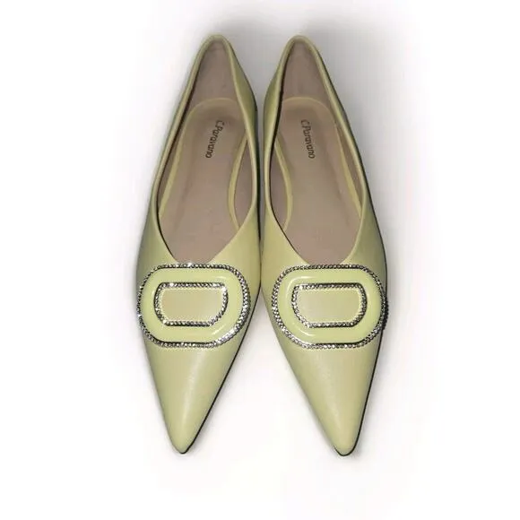 New! C.Paravano Leather Pointed Toe Flats Crystal Buckle Yellow US 8.5 $118