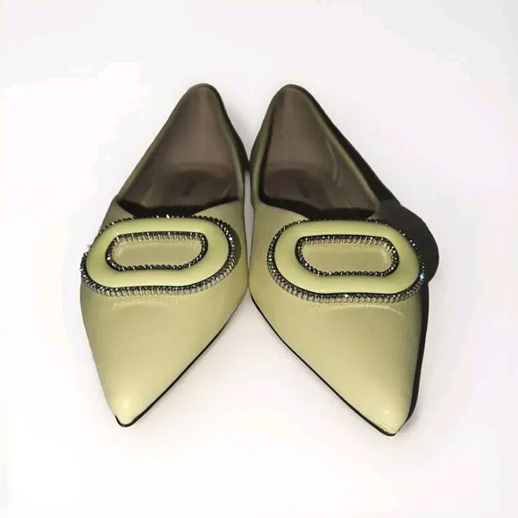 New! C.Paravano Leather Pointed Toe Flats Crystal Buckle Yellow US 8.5 $118