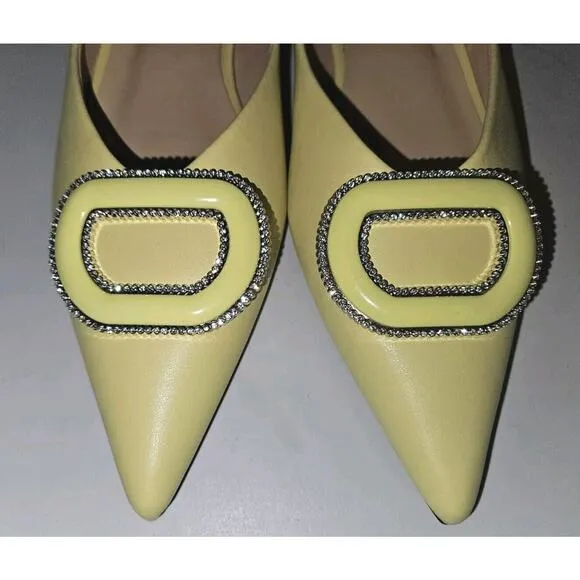 New! C.Paravano Leather Pointed Toe Flats Crystal Buckle Yellow US 8.5 $118