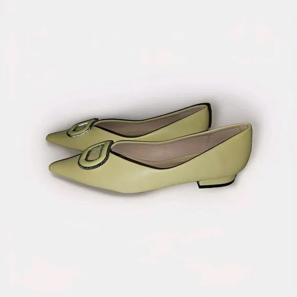 New! C.Paravano Leather Pointed Toe Flats Crystal Buckle Yellow US 8.5 $118