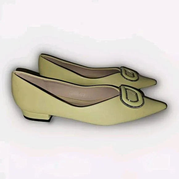 New! C.Paravano Leather Pointed Toe Flats Crystal Buckle Yellow US 8.5 $118