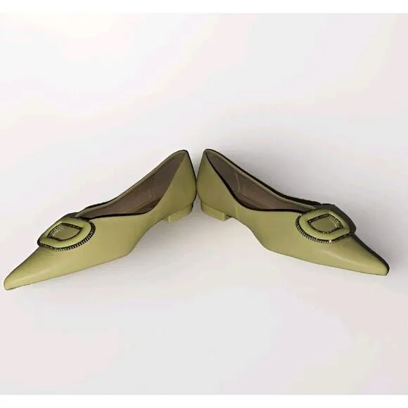 New! C.Paravano Leather Pointed Toe Flats Crystal Buckle Yellow US 8.5 $118
