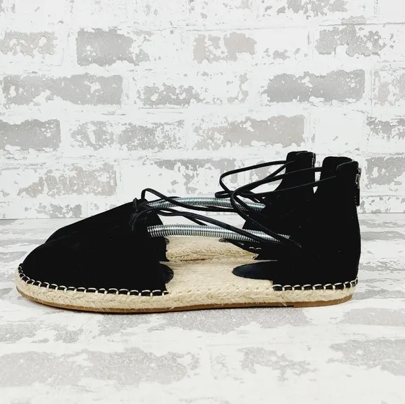 New Eileen Fisher Black Leather Lace Up Espadrilles C281