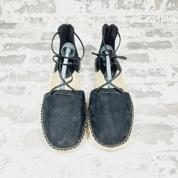 New Eileen Fisher Black Leather Lace Up Espadrilles C281