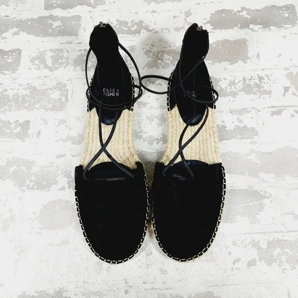 New Eileen Fisher Black Leather Lace Up Espadrilles C281