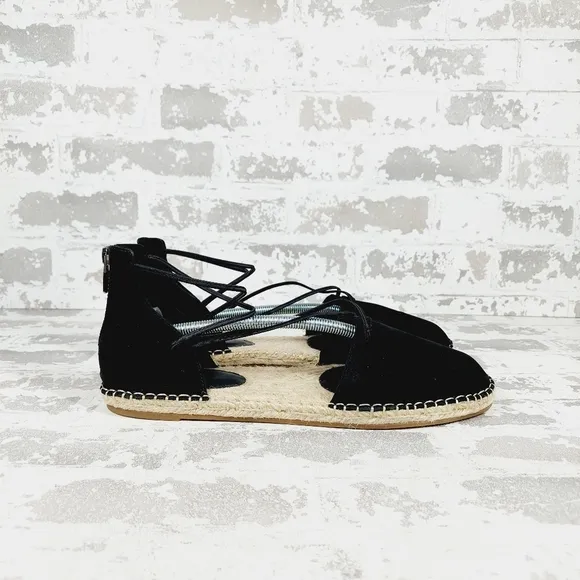New Eileen Fisher Black Leather Lace Up Espadrilles C281