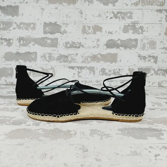 New Eileen Fisher Black Leather Lace Up Espadrilles C281