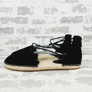 New Eileen Fisher Black Leather Lace Up Espadrilles C281
