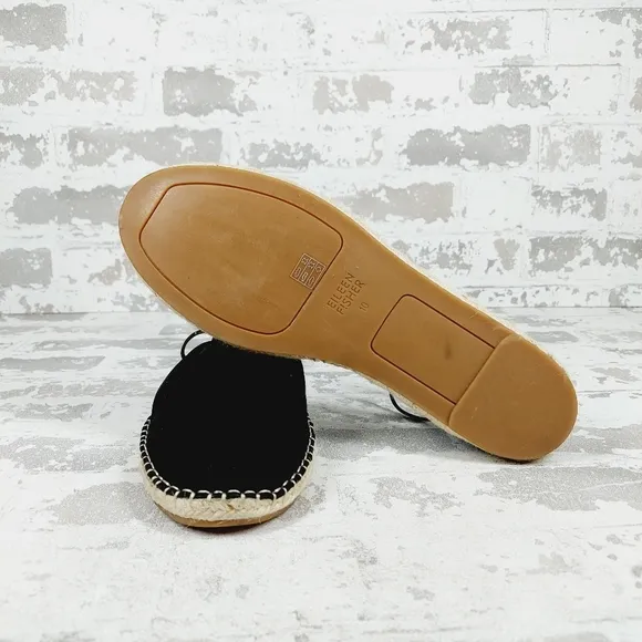 New Eileen Fisher Black Leather Lace Up Espadrilles C281