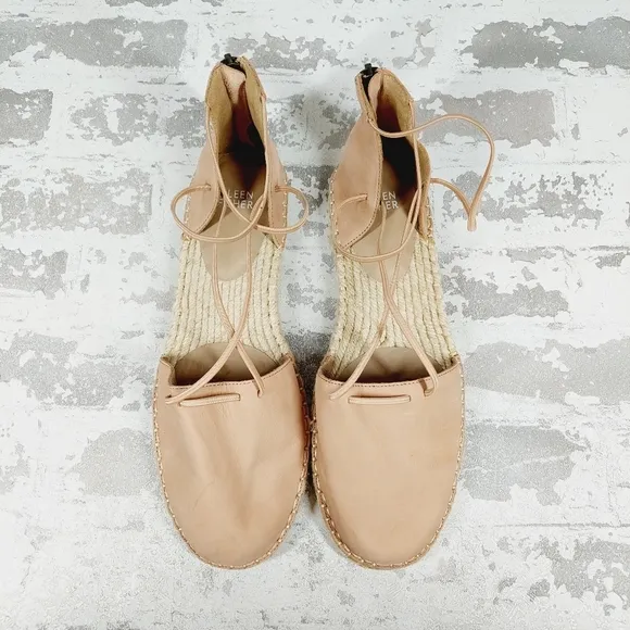 New Eileen Fisher Tan Leather Lace Up Espadrilles C294