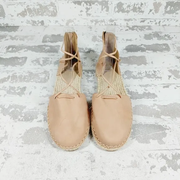 New Eileen Fisher Tan Leather Lace Up Espadrilles C294