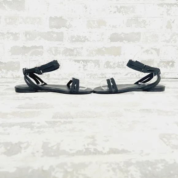 New Rebecca Allen The Flat Two Straps Ankle Buckle Black Flat Sandals M467