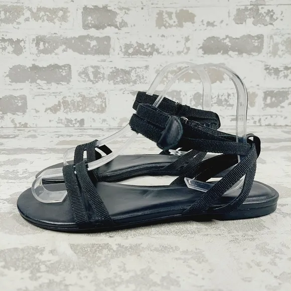 New Rebecca Allen The Flat Two Straps Ankle Buckle Black Flat Sandals M467