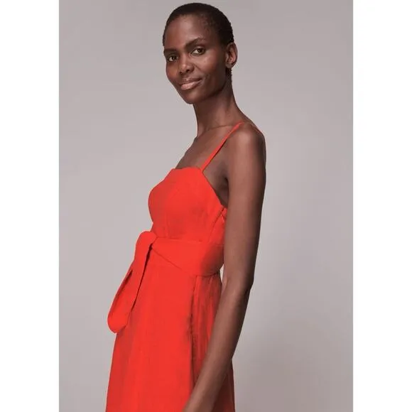 NEW Whistles Linen Tie Front Strappy Midi Dress Sz 10 Red