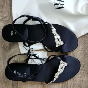 NEW ZARA WOMEN’S EMBELLISHED FLAT SANDALS INSATIN EFFECT FABRIC WITH THIN STRAPS