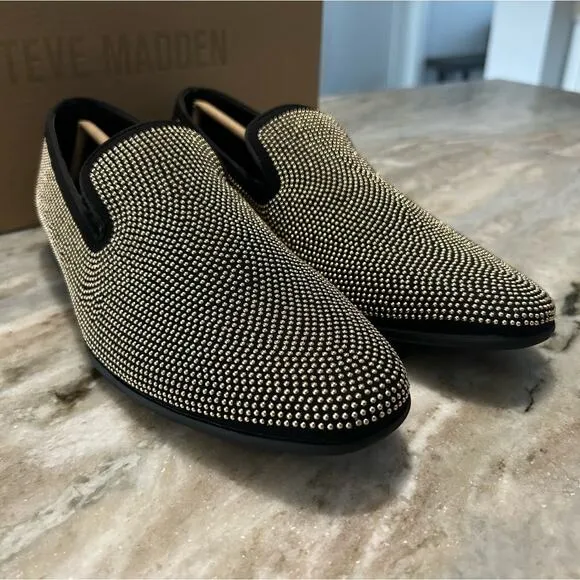 NIB $125 Steve Madden Mezmoryz Stud Smoking Slippers, Black/Gold, Men’s 7.5