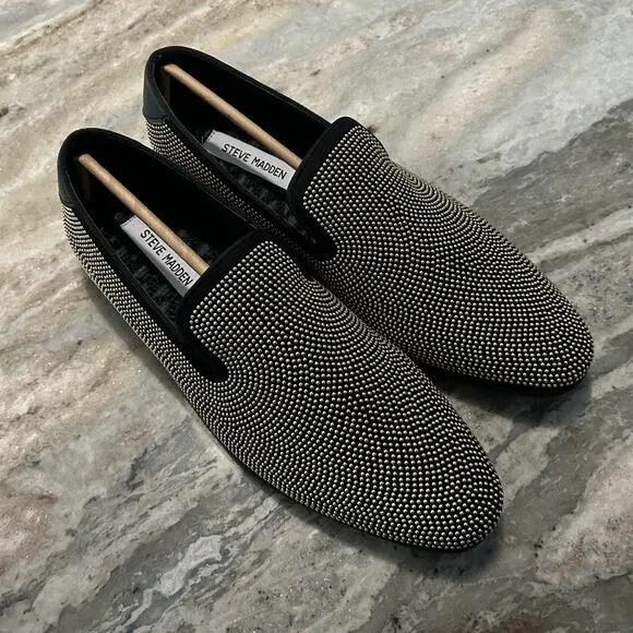 NIB $125 Steve Madden Mezmoryz Stud Smoking Slippers, Black/Gold, Men’s 7.5