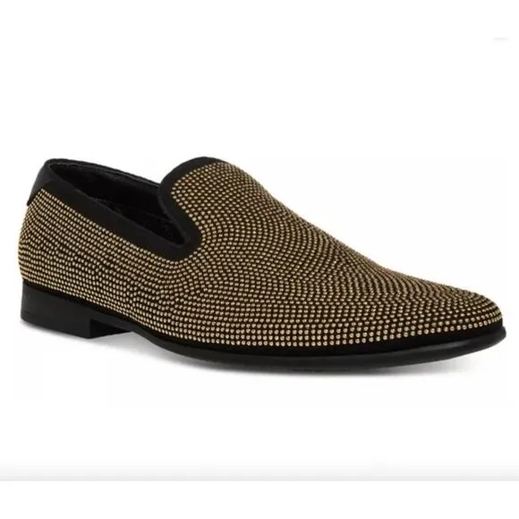 NIB $125 Steve Madden Mezmoryz Stud Smoking Slippers, Black/Gold, Men’s 7.5