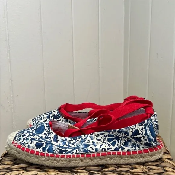 NIB Brooks Brothers Lace Up Espadrilles in French Toile Indigo Print