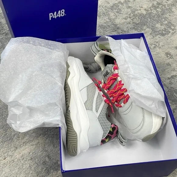 NIB P448 Luke White Pink Leopard Platform Sneakers Sz 37