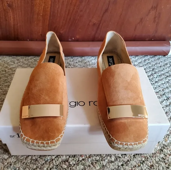 NIB SERGIO ROSSI Camel Brown Suede Plaque Embellished Flat Espadrilles sz 37.5