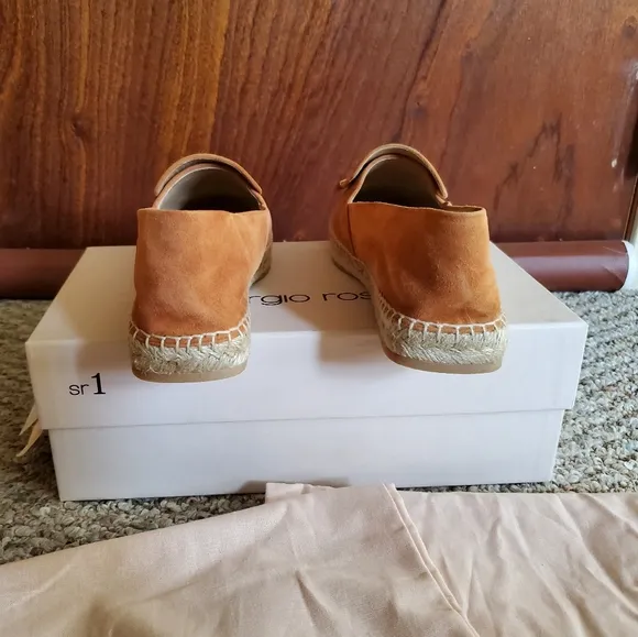 NIB SERGIO ROSSI Camel Brown Suede Plaque Embellished Flat Espadrilles sz 37.5
