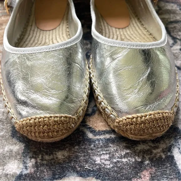 NIB Tory Burch Metallic Silver Mary Jane Espadrilles Flats Shoes