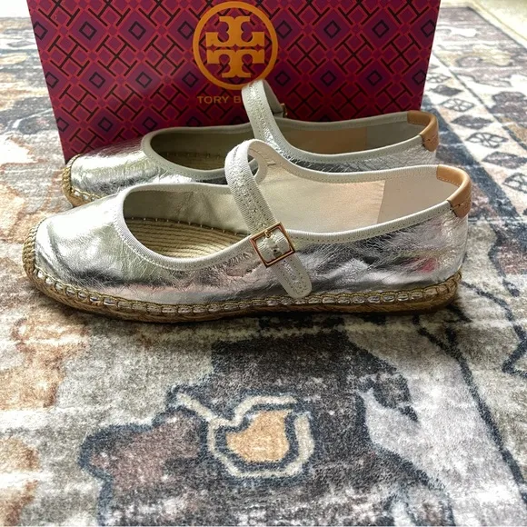 NIB Tory Burch Metallic Silver Mary Jane Espadrilles Flats Shoes