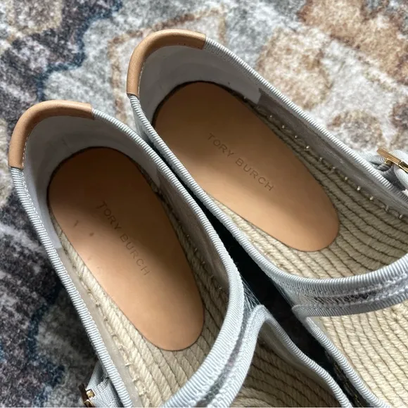NIB Tory Burch Metallic Silver Mary Jane Espadrilles Flats Shoes