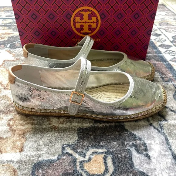 NIB Tory Burch Metallic Silver Mary Jane Espadrilles Flats Shoes