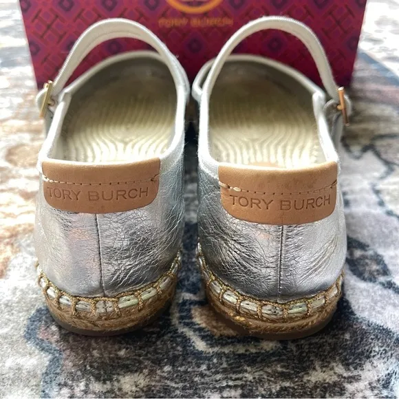 NIB Tory Burch Metallic Silver Mary Jane Espadrilles Flats Shoes