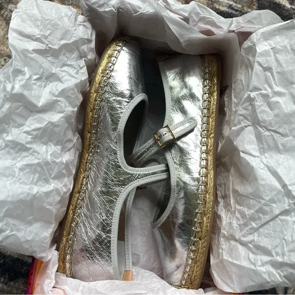 NIB Tory Burch Metallic Silver Mary Jane Espadrilles Flats Shoes