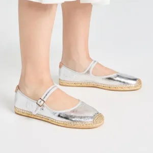 NIB Tory Burch Metallic Silver Mary Jane Espadrilles Flats Shoes
