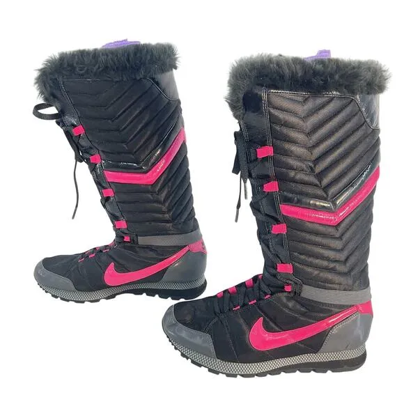 Nike Apres Ultra Sky High Puffer Women's Black &amp; Pink Snow Boots 10 Preowned